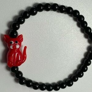Black Tourmaline Bracelet with Red Cat Charm